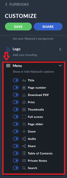 flipbook's menu