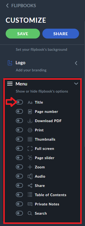 flipbook's menu hidden