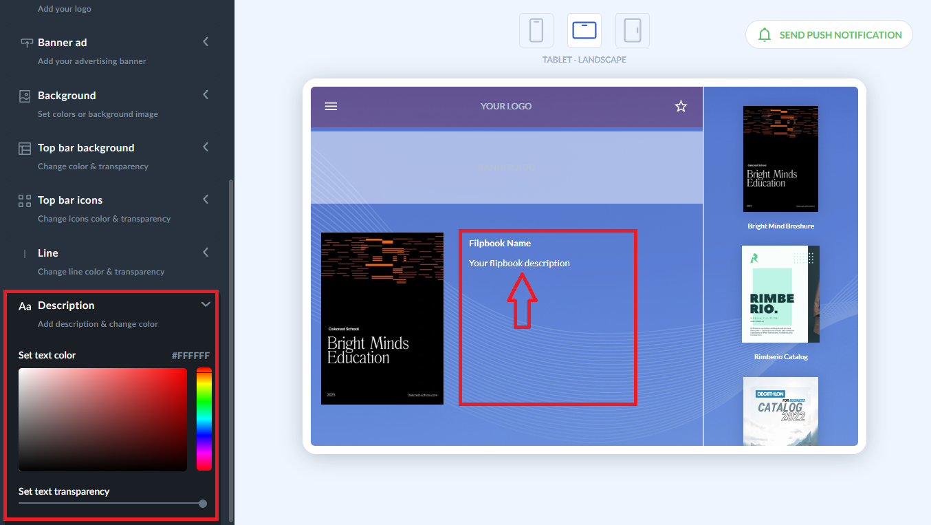 description space in the flipbook app