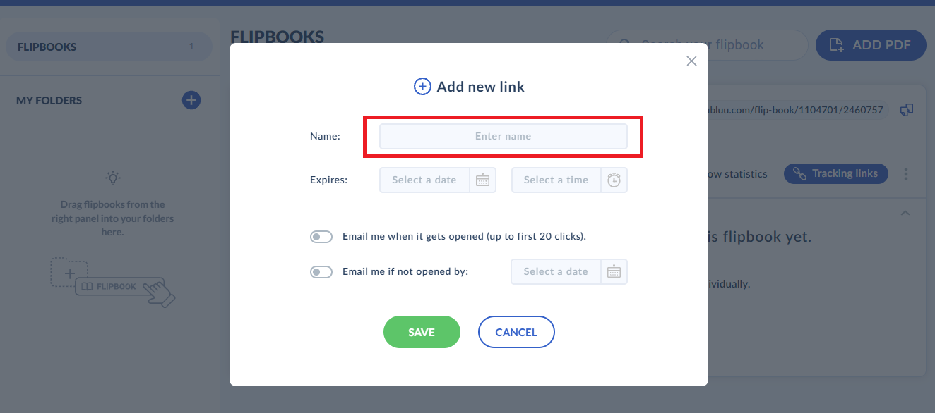 entering name for tracking link