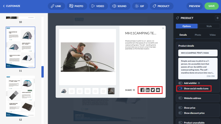 social media icons of product tags enabled