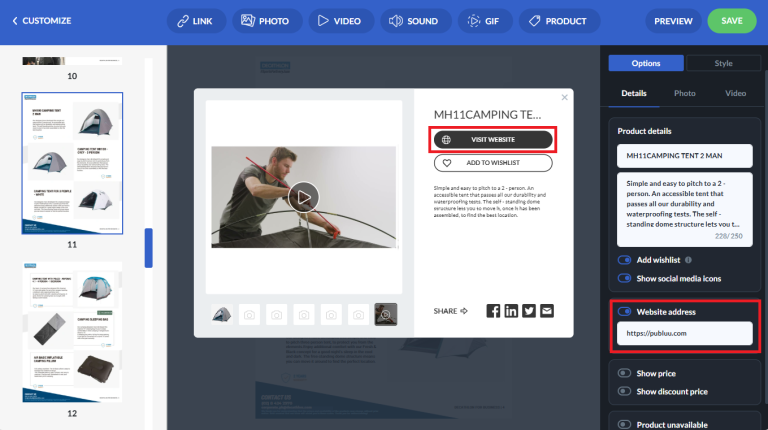 website address button for product tags