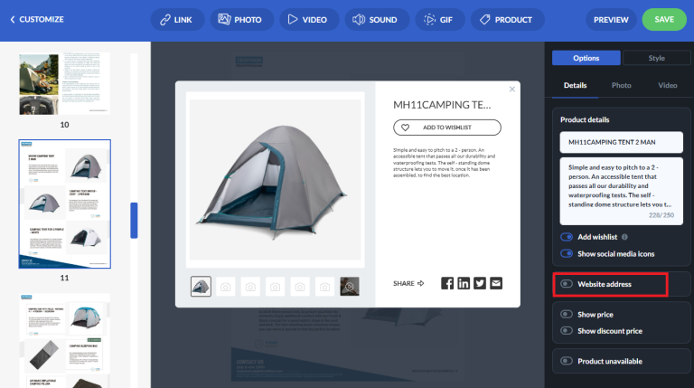 disabled website address button for product tags