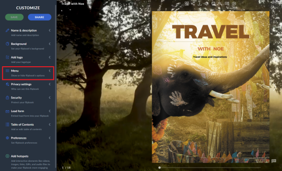 customization dashboard showing menu tab being highlighted