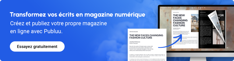 Transformez vos écrits en magazine numérique bannière encourageant à créer un magazine en ligne