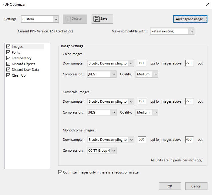 pdf optimizer window in adobe acrobat pro