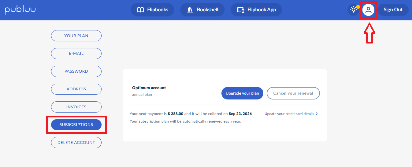subscription tab and account settings