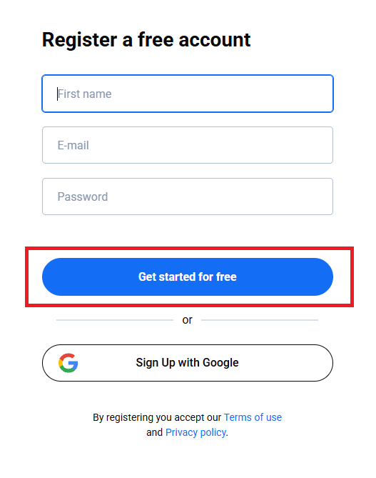 get started for free registration tab