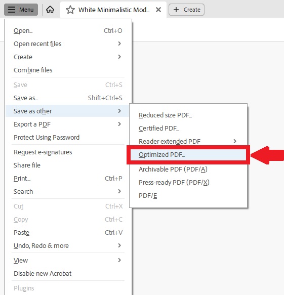 Saving the file as optimized PDF