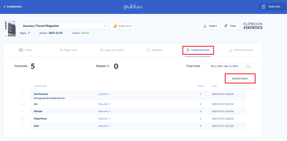export of collected leads - screen