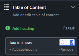 page number table of contents 