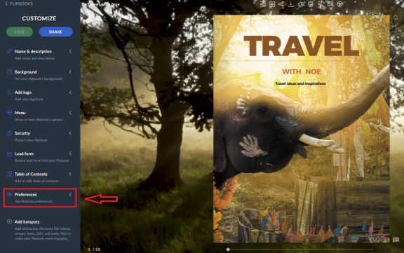 flipbook preferences tab in publuu