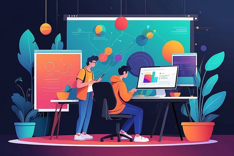 people collaborating on a digital art business plan presentation