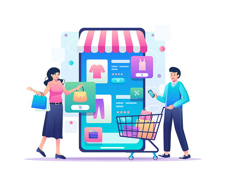 graphic symbolizing retail marketing customers browsing products on a mobile store app