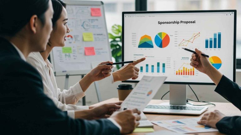sponsorship proposal presentation with business team and charts