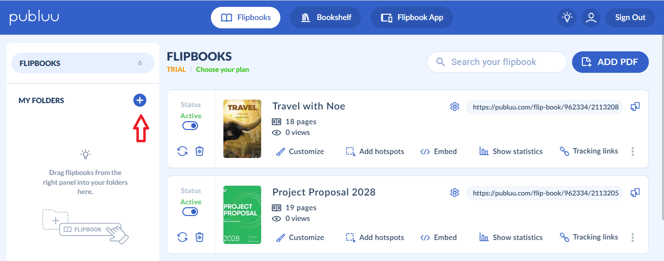 creating a new folder in the flipbook maker