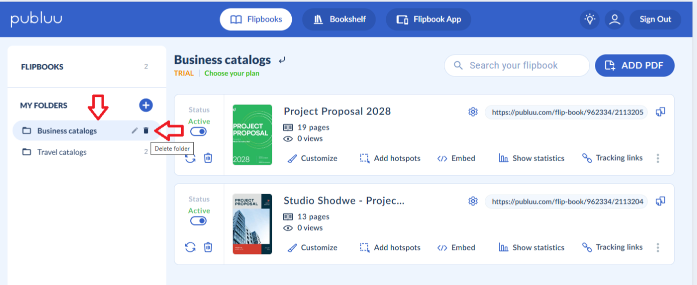 deleting folders in the flipbook maker