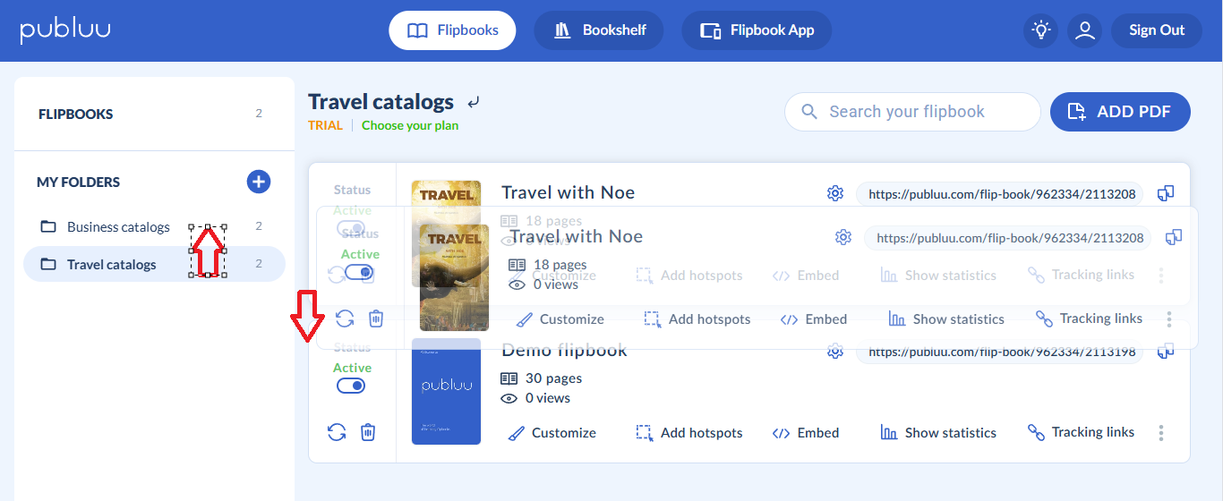 changing the order of folders and flipbooks in the flipbook maker
