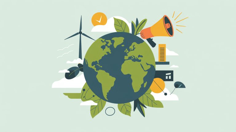 green marketing illustration of earth with eco friendly symbols