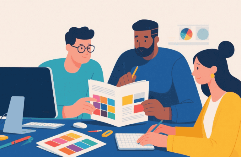 team designing a marketing brochure together