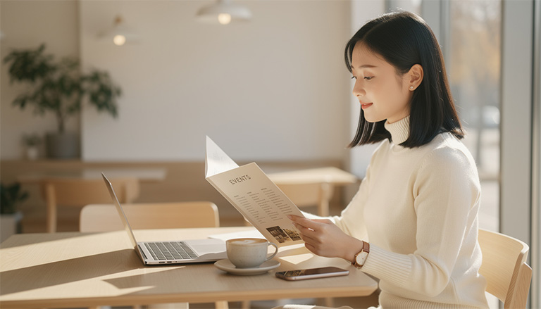 young professional reading event brochure