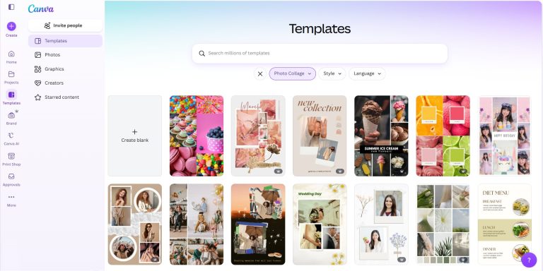 template selection from the canva library
