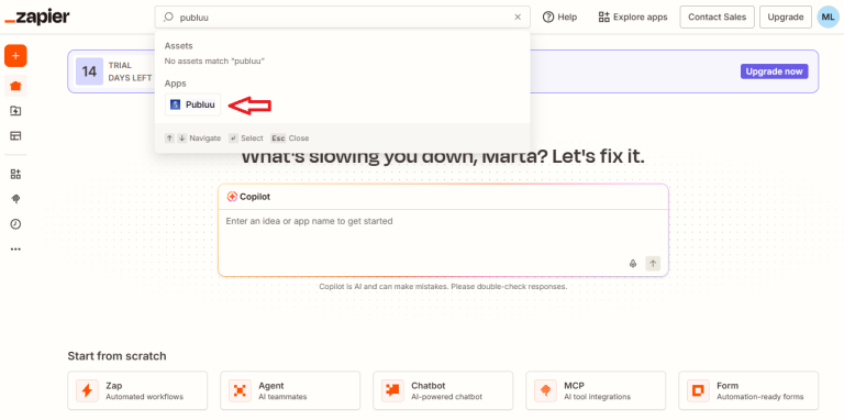 publuu app search in zapier interface