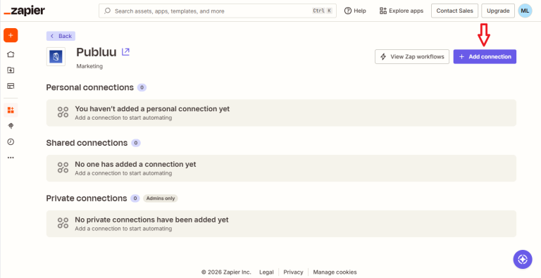 add connection button in zapier interface