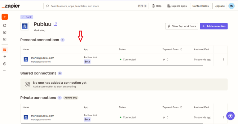 zapier app connections list showing publuu