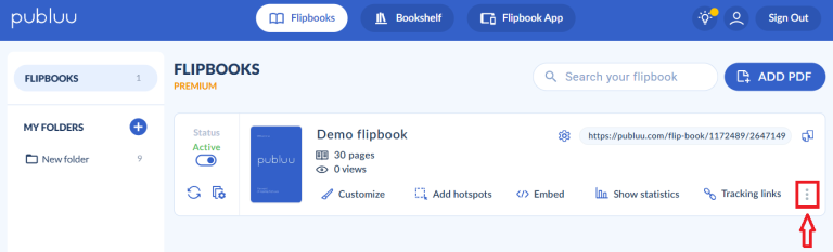 Clicca sul menu a tre puntini (⋮) pulsante menu nel dashboard di publuu