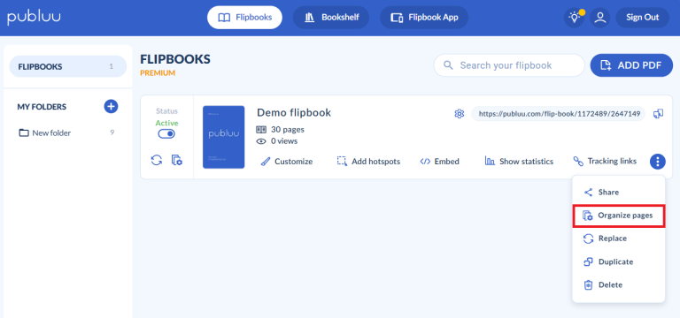 Seleziona Organizza pagine pulsante organizza pagine nel dashboard di publuu