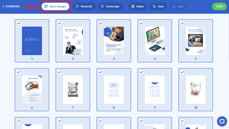 Clicca su Seleziona tutte le pagine selezione di tutte le pagine nel flipbook publuu