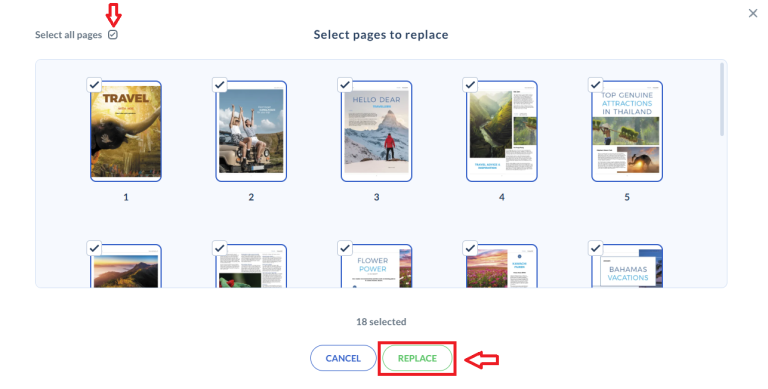 Seleziona tutte le pagine e clicca su Sostituisci sostituire tutte le pagine di un flipbook