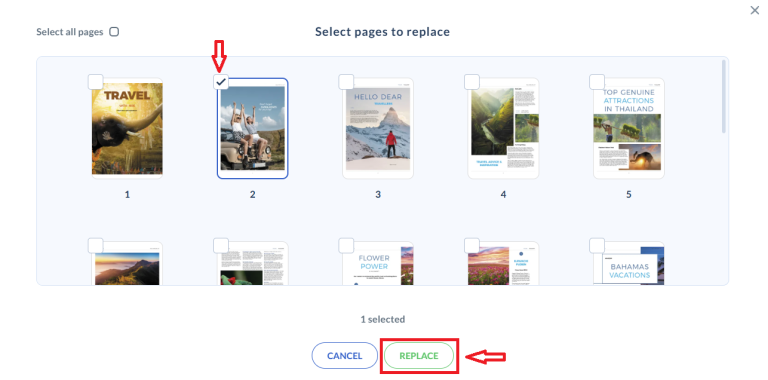 Seleziona una pagina e clicca su Sostituisci sostituire una pagina specifica in un flipbook