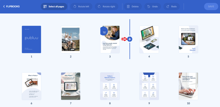 Clicca sul pulsante + pulsante per inserire una pagina nel flipbook