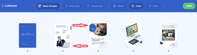 Clicca sul pulsante Salva pagine riordinate in un flipbook di publuu
