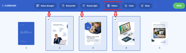 Seleziona le pagine e clicca sul pulsante Elimina eliminare pagine selezionate in un flipbook