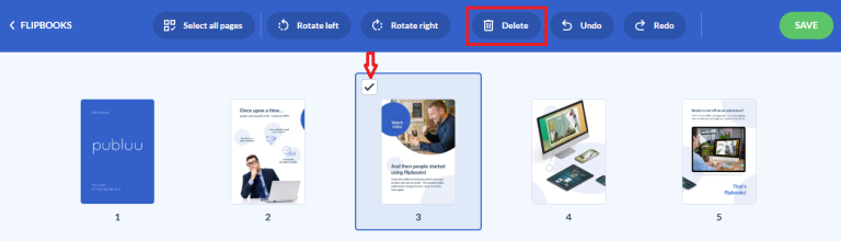 Seleziona una pagina e clicca sul pulsante Elimina eliminare una pagina selezionata in un flipbook