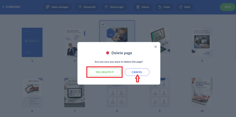 Clicca su Sì, elimina o Annulla opzioni per eliminare pagine in un flipbook