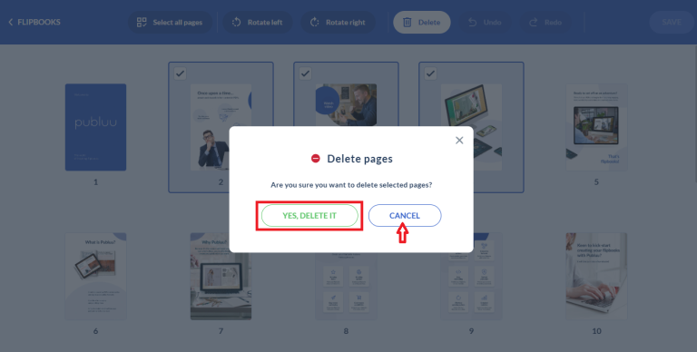 Clicca Sì, Elimina oppure Annulla opzioni per eliminare pagine in un flipbook